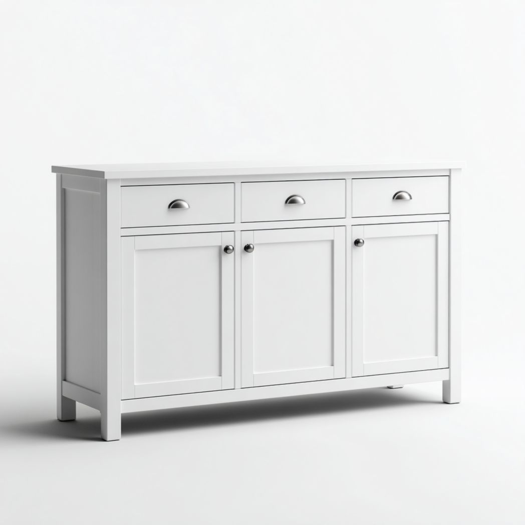 Buffet en bois massif blanc, meuble de rangement à trois tiroirs et trois portes avec poignées argentées