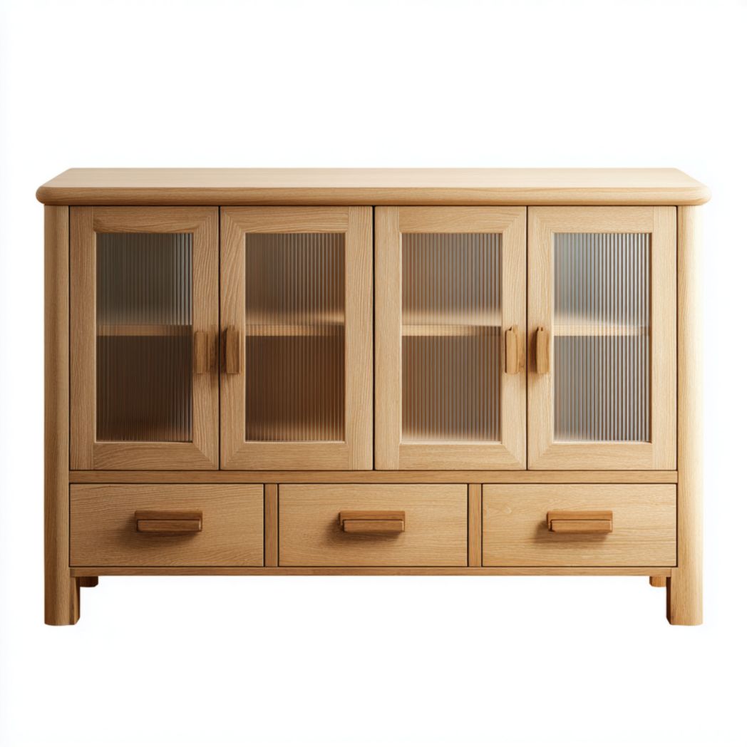 Buffet en bois à trois tiroirs avec portes vitrées marron clair, structure en bois massif et design vertical en verre translucide