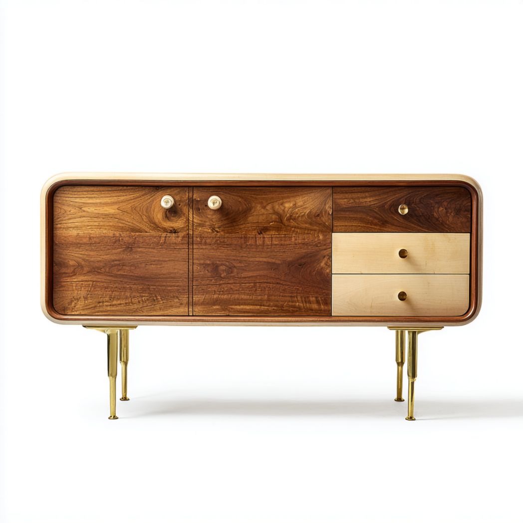 Commode bicolore en bois avec pieds métalliques dorés et structure à angles arrondis