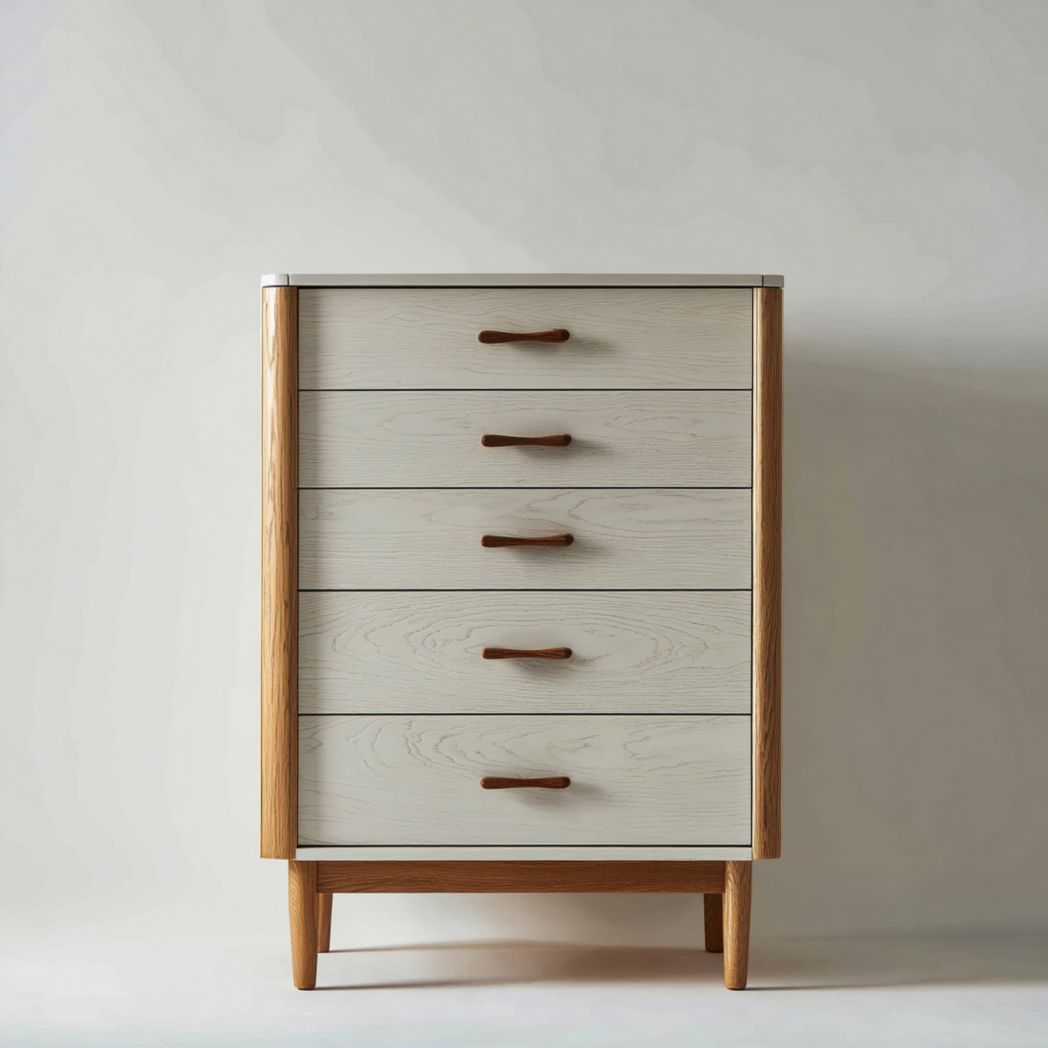 Commode à cinq tiroirs en bois avec façade gris clair et cadre brun