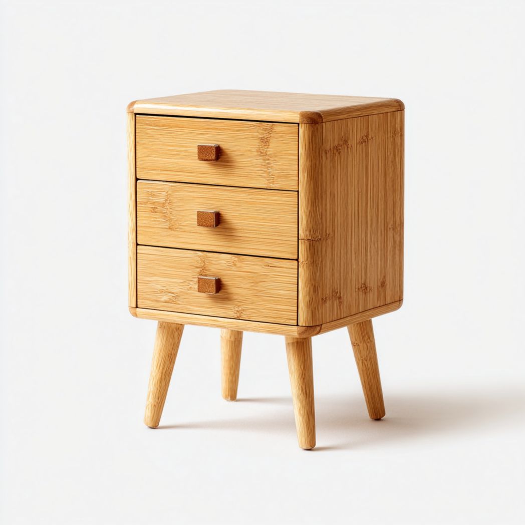 Table de chevet en bambou brun clair à trois tiroirs avec coins arrondis et pieds coniques en bois
