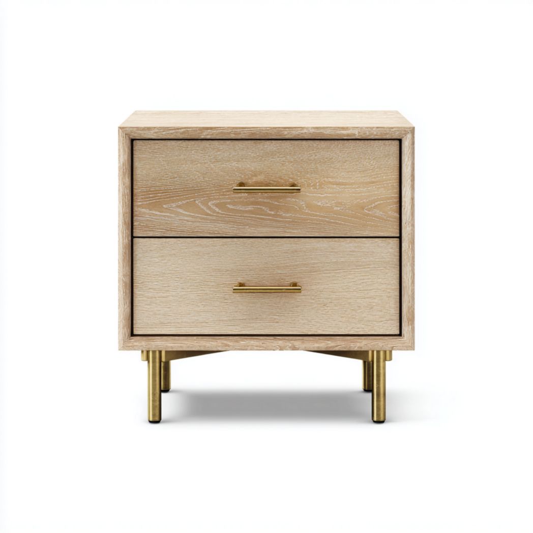 Table de chevet en bois brun clair à deux tiroirs avec poignées et pieds en métal doré