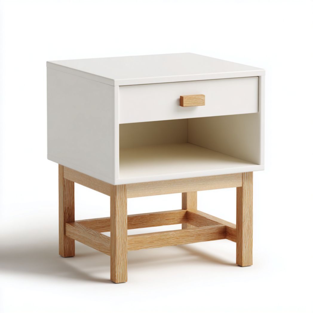 Table de chevet carrée en bois blanc avec tiroir et base en bois brun clair