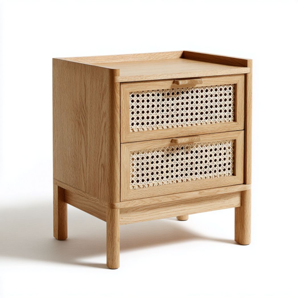 Table de chevet en bois brun clair à deux tiroirs avec façades en rotin tressé et structure en bois arrondie