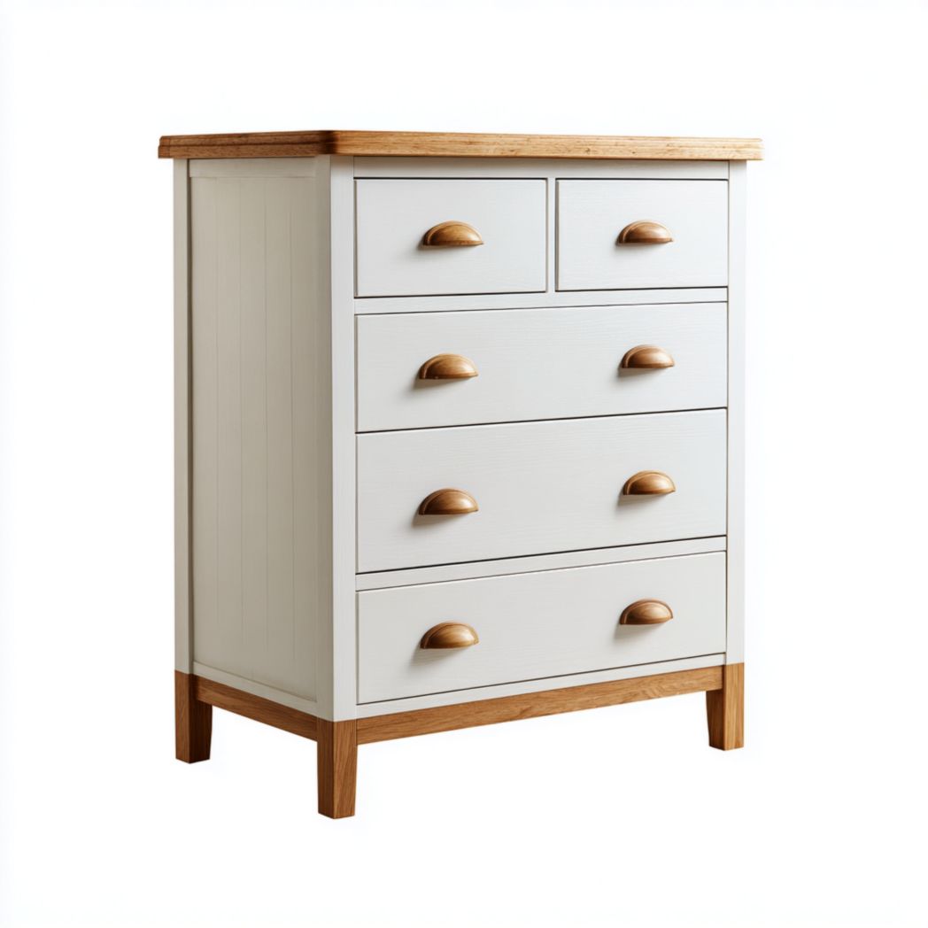 Une armoire de rangement spacieuse à cinq tiroirs avec un corps blanc, un dessus marron clair et des poignées semi-circulaires.