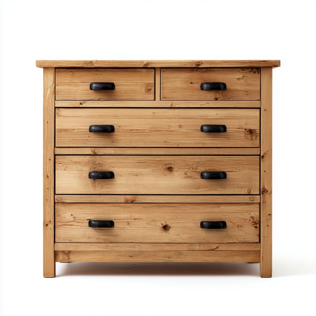 Commode en bois à cinq tiroirs couleur beige clair avec poignées métalliques noires