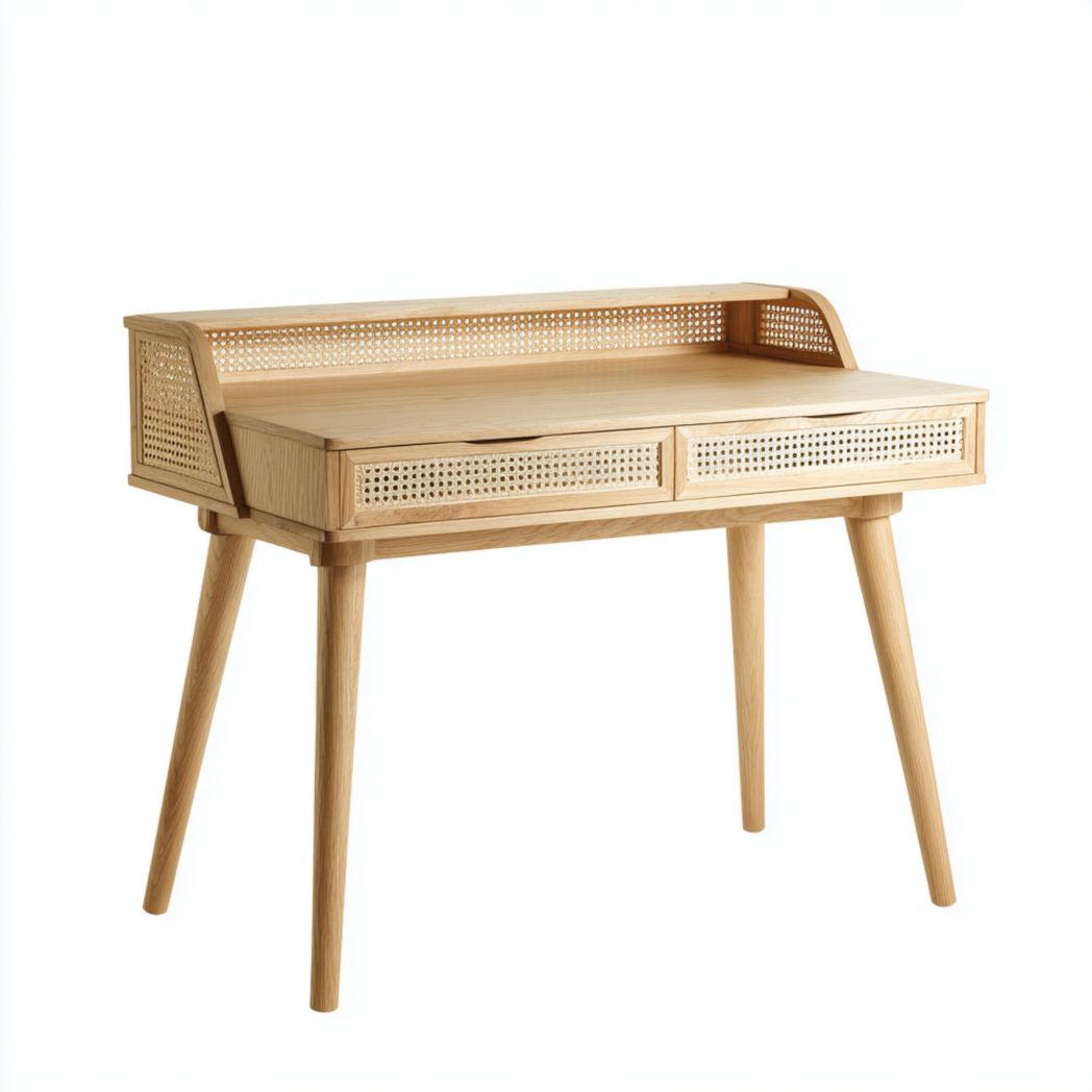 Bureau de rangement rectangulaire en bois massif brun clair avec deux tiroirs et panneaux en rotin