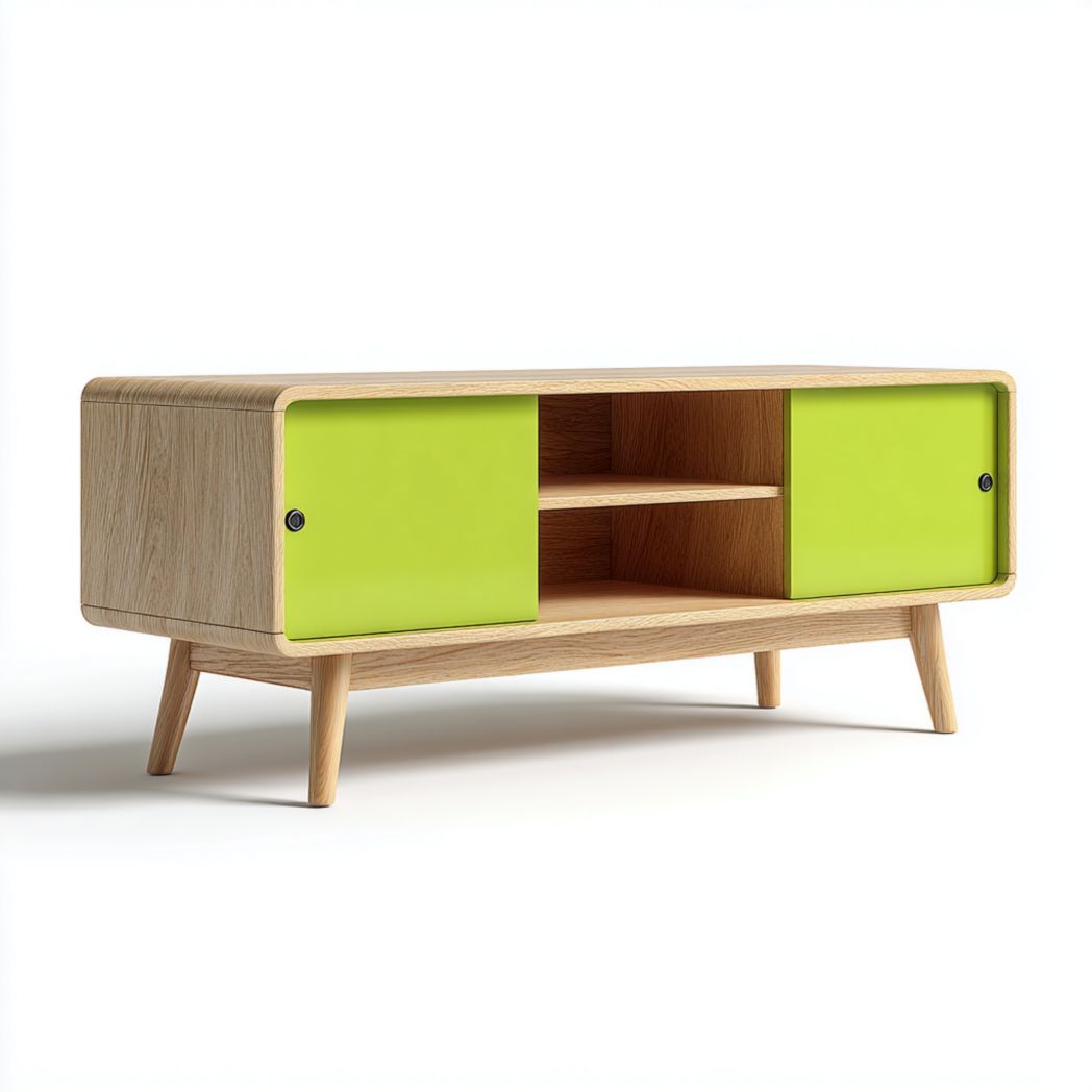 Meuble TV long avec portes doubles vertes et compartiments ouverts, et poignées en métal noir