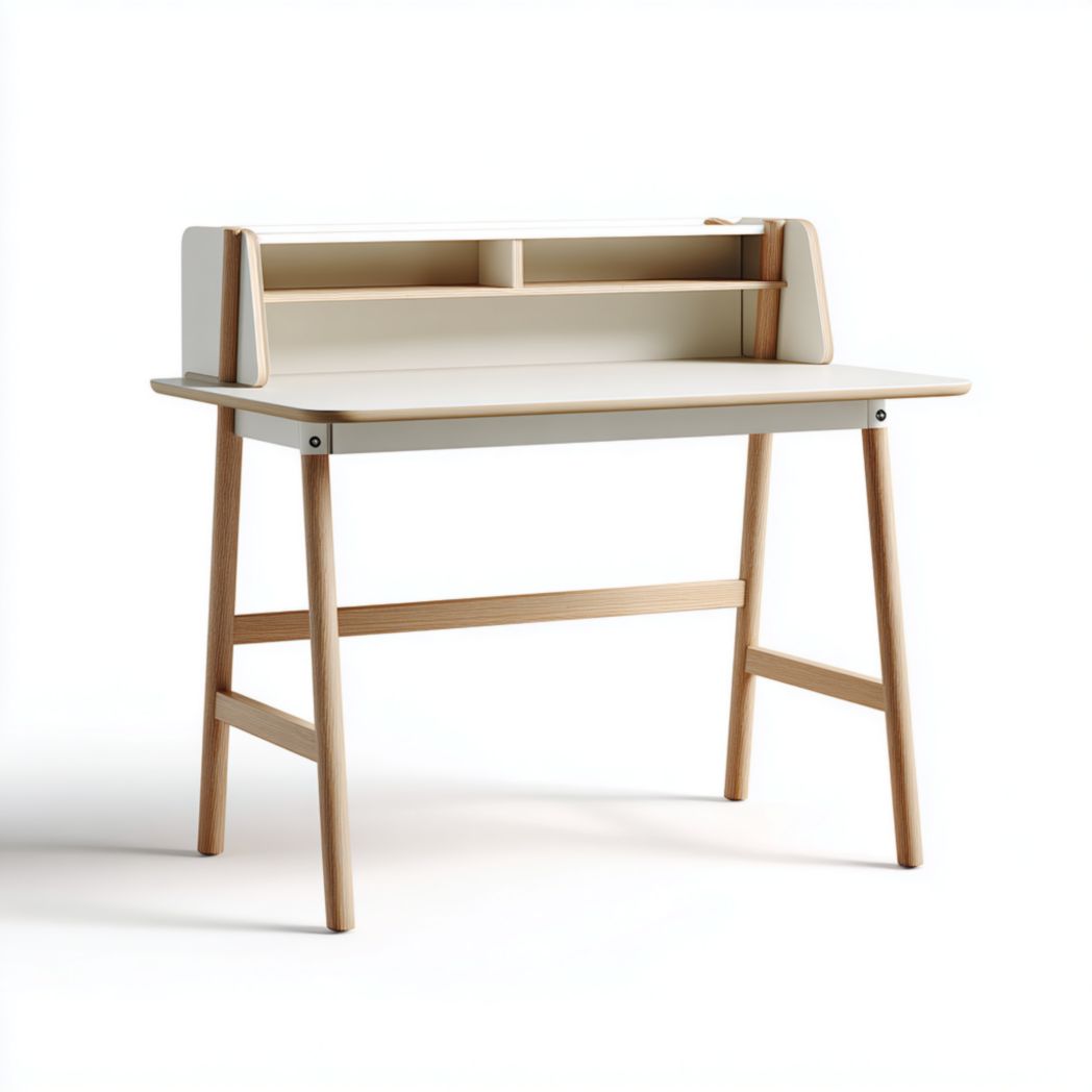 Bureau rectangulaire en bois massif et panneaux couleur blanc crème et brun avec étagères de rangement