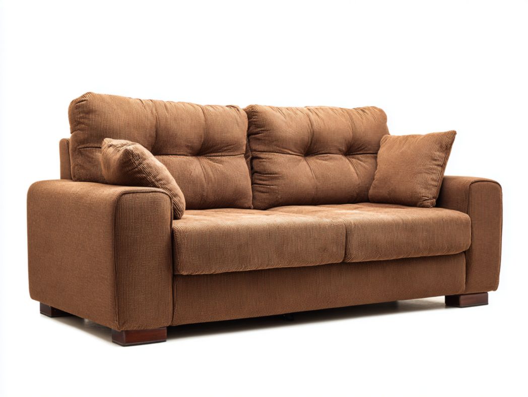 Canapé 3 places en tissu marron, structure et pieds en bois massif, avec deux coussins marron