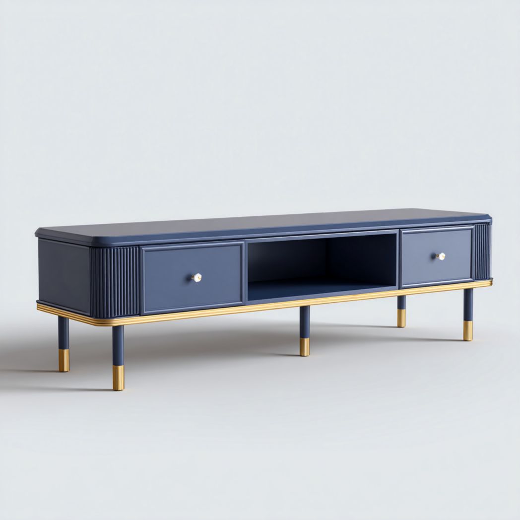 Meuble TV long bleu foncé avec finitions dorées et poignées rondes en métal