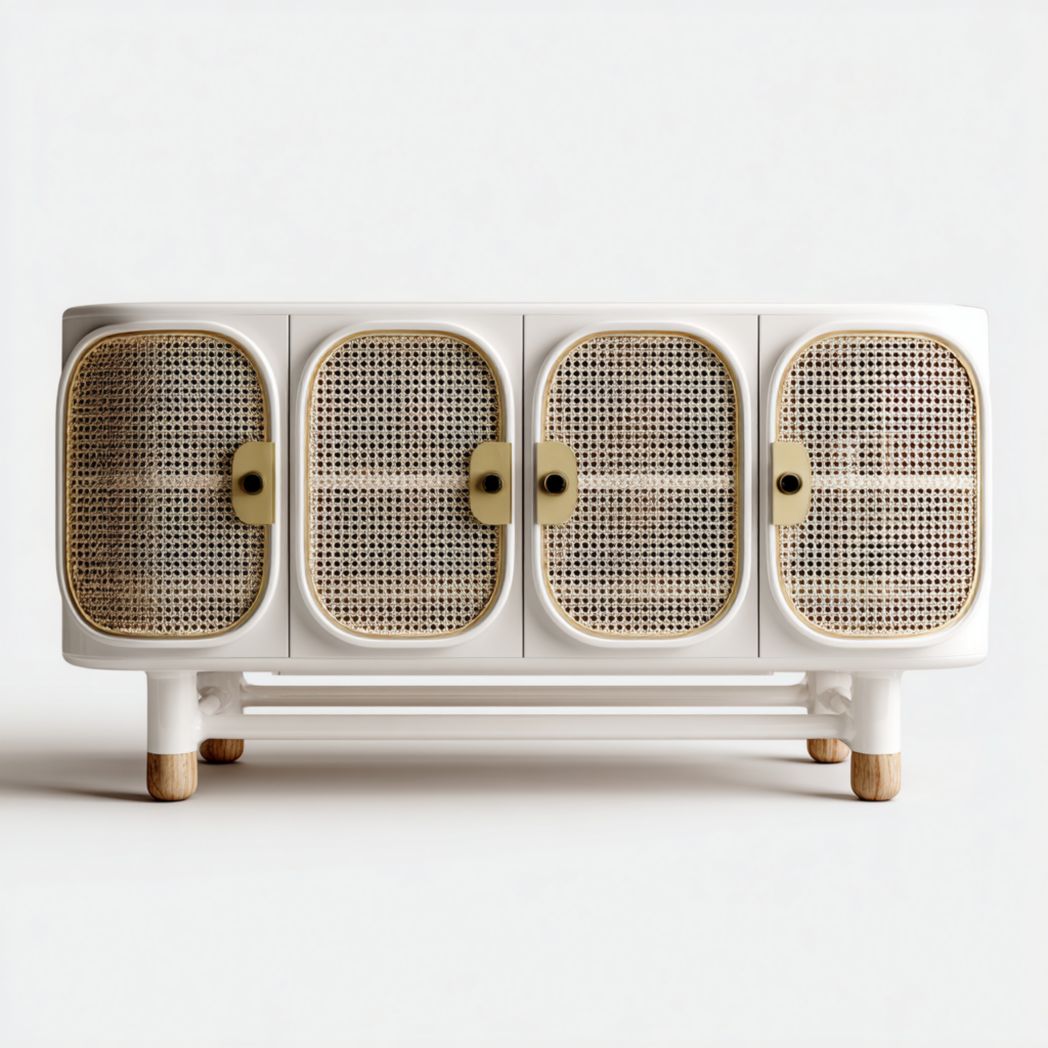 Buffet blanc avec portes en rotin et coins arrondis, quatre portes et cadre en bois massif