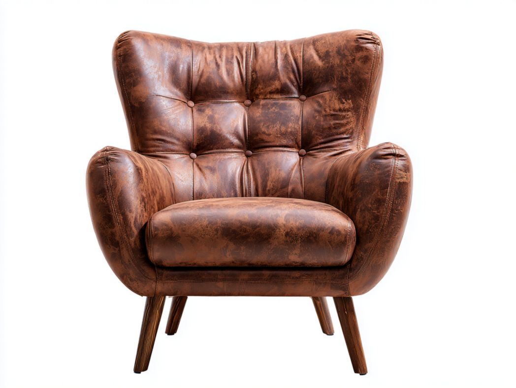 Fauteuil en similicuir marron avec dossier capitonné et pieds en bois
