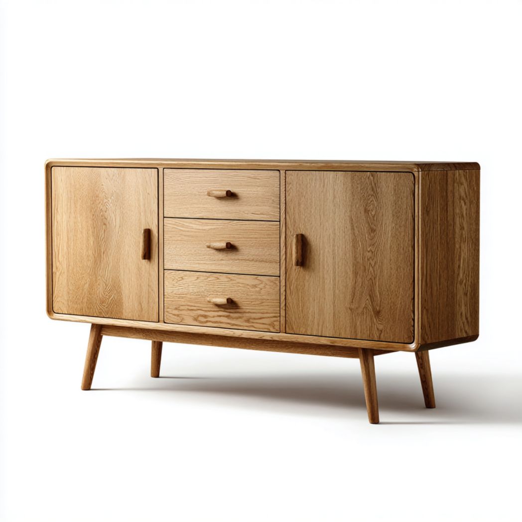 Buffet en bois massif marron clair, meuble de rangement à double porte et trois tiroirs avec pieds inclinés