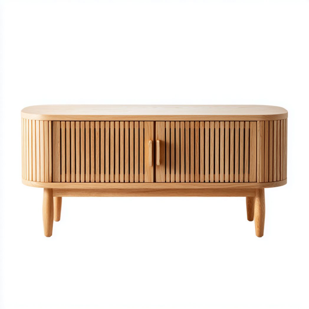 Meuble TV en bois marron clair, design rectangulaire arrondi avec portes à treillis vertical et poignées en bois massif