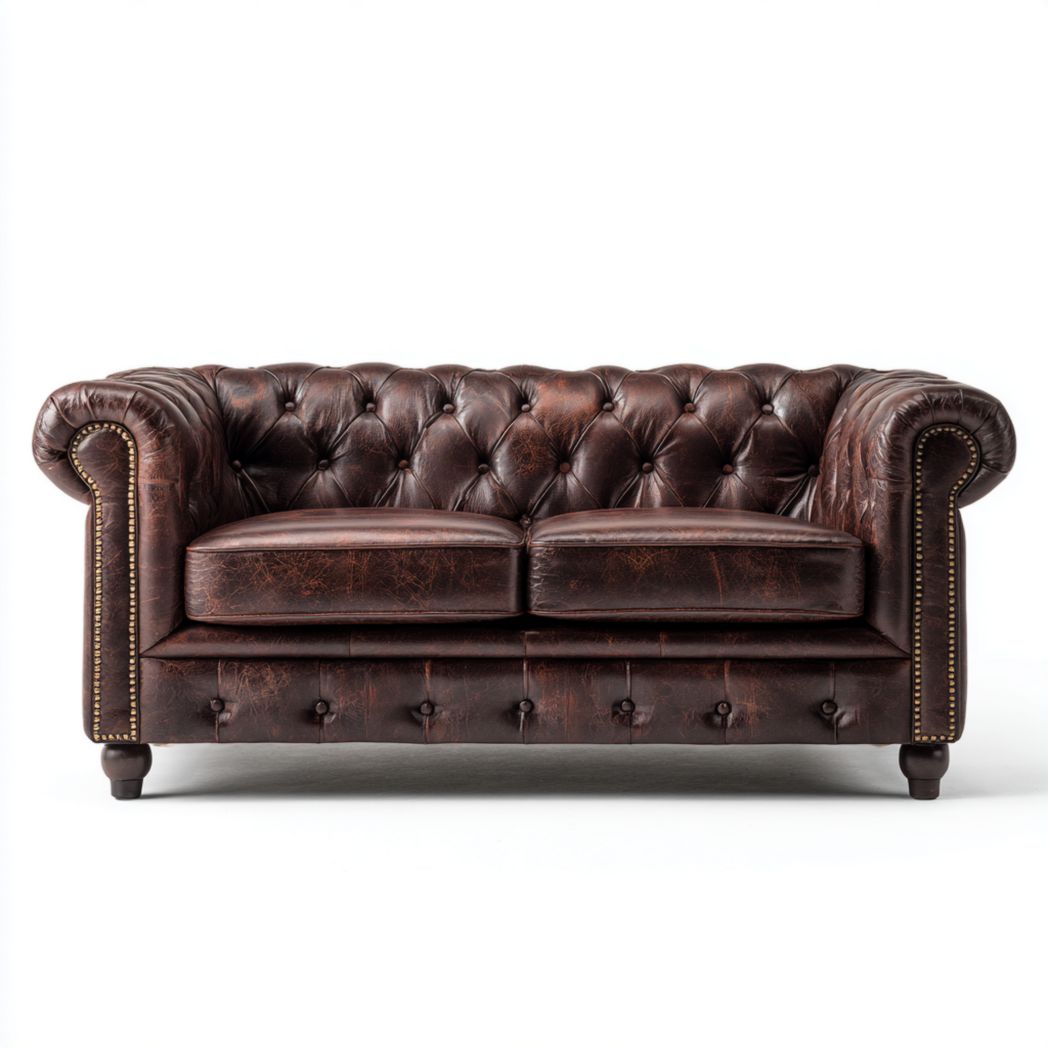 Canapé 2 places en similicuir marron foncé, accoudoirs roulés et dossier capitonné à boutons