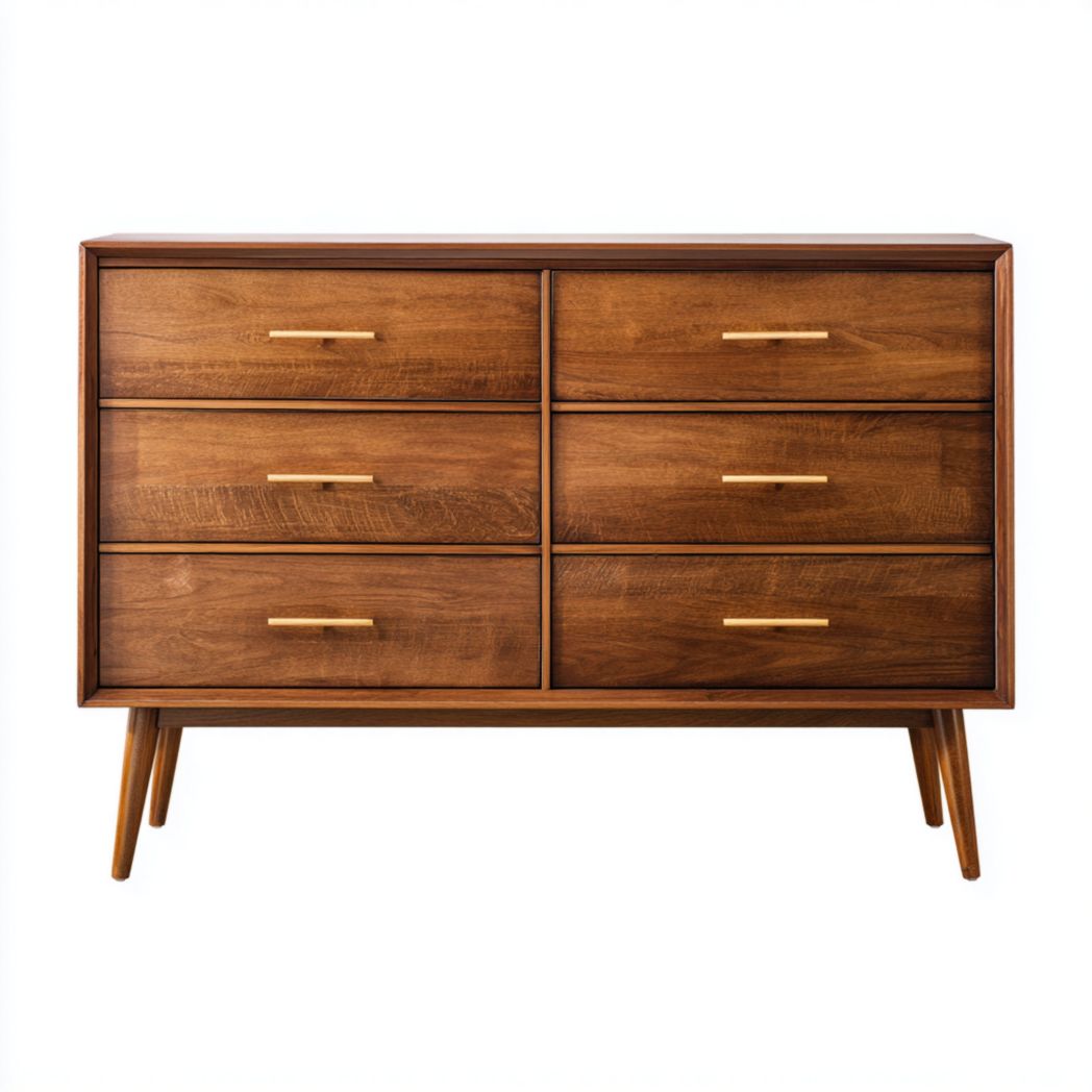 Commode à six tiroirs en bois avec poignées dorées et pieds coniques en bois