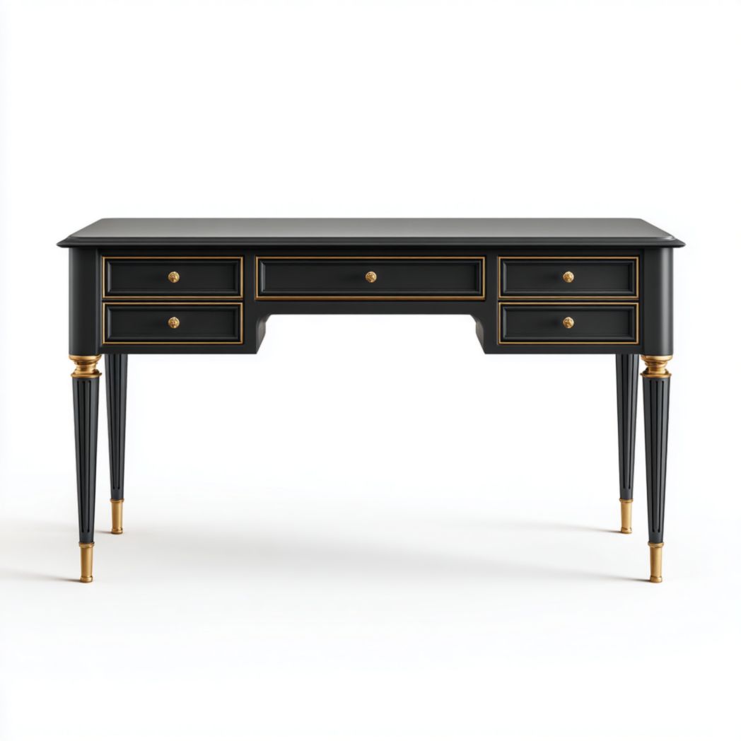 Bureau rectangulaire en bois massif noir et doré avec décorations métalliques et tiroirs