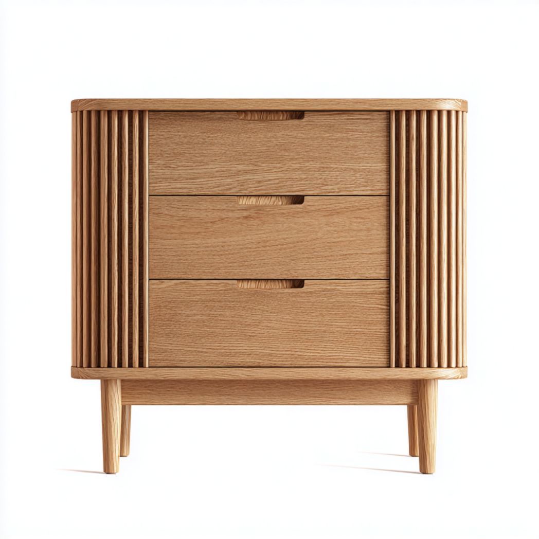 Commode à trois tiroirs en bois avec structure brun clair et panneaux latéraux rainurés