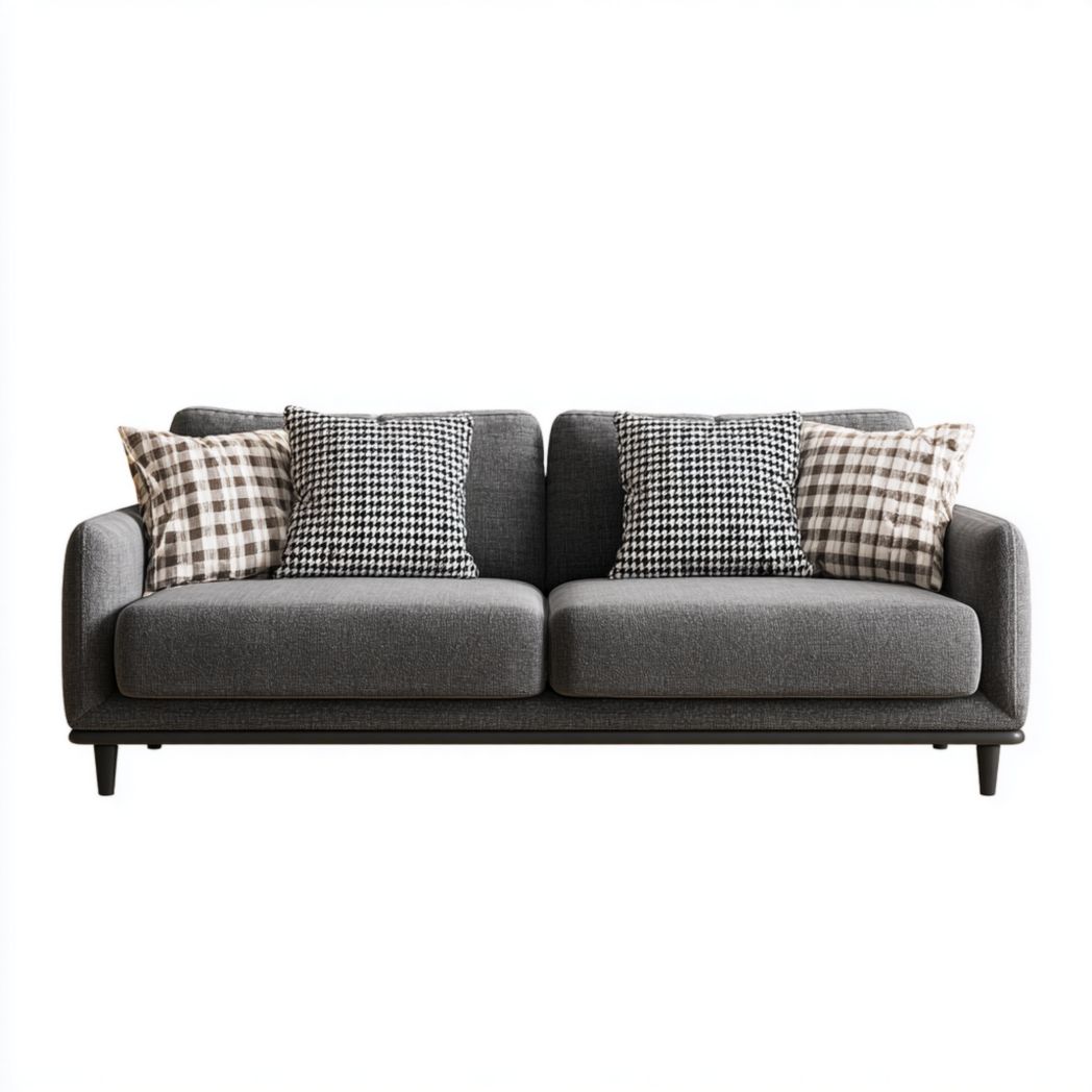 Canapé trois places en tissu gris anthracite avec quatre coussins à carreaux et pieds en bois noir