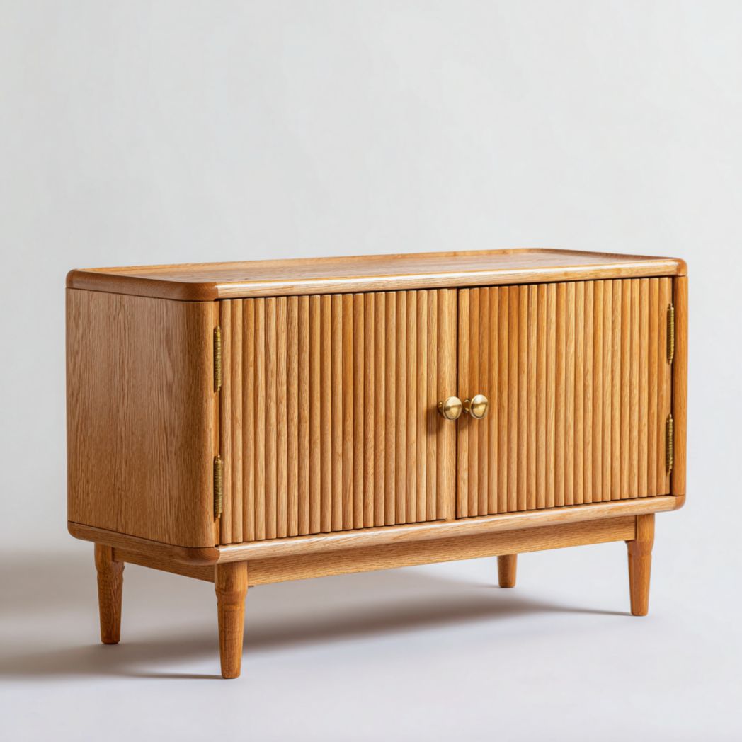 Meuble TV en bois marron clair avec coins arrondis, design vertical, panneaux de porte verticaux et poignées rondes en métal