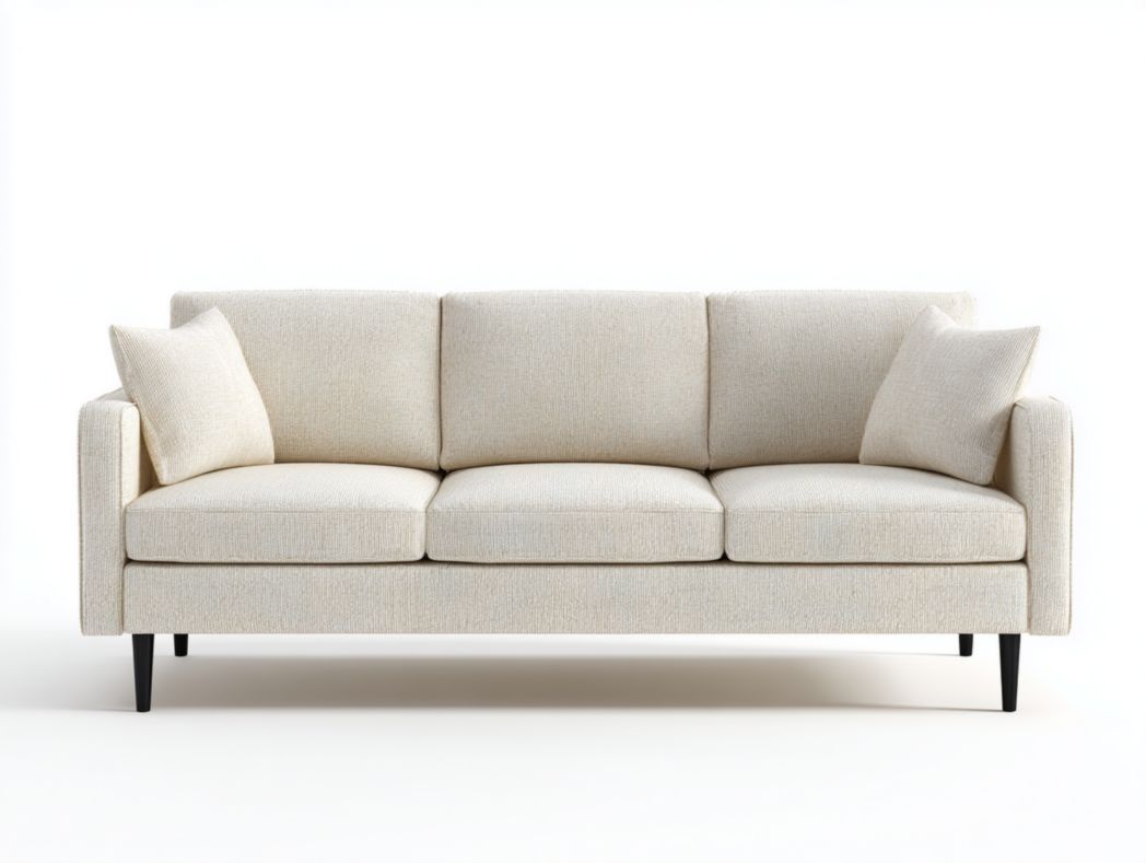 Canapé 3 places en tissu beige ivoire, structure et pieds en métal, avec deux coussins beige ivoire