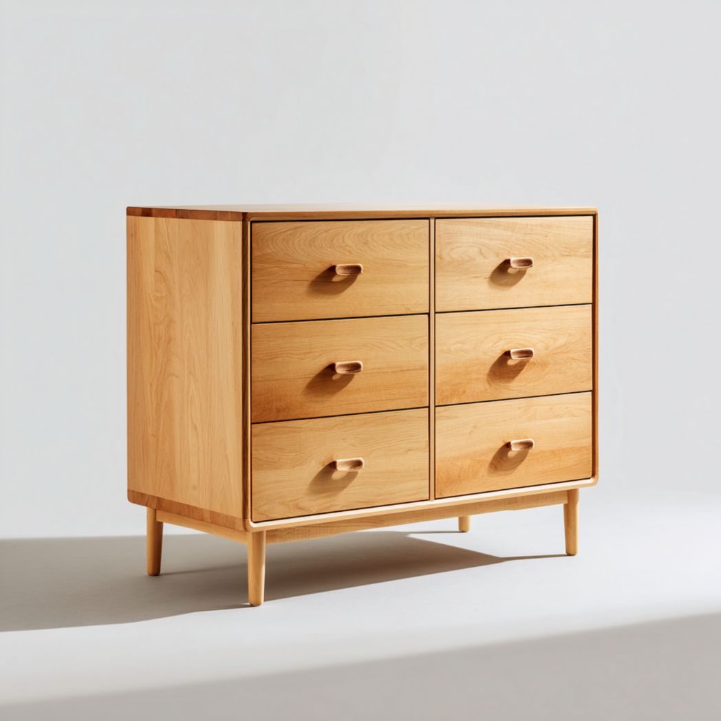 Commode à six tiroirs en bois avec structure brun clair et façades arrondies