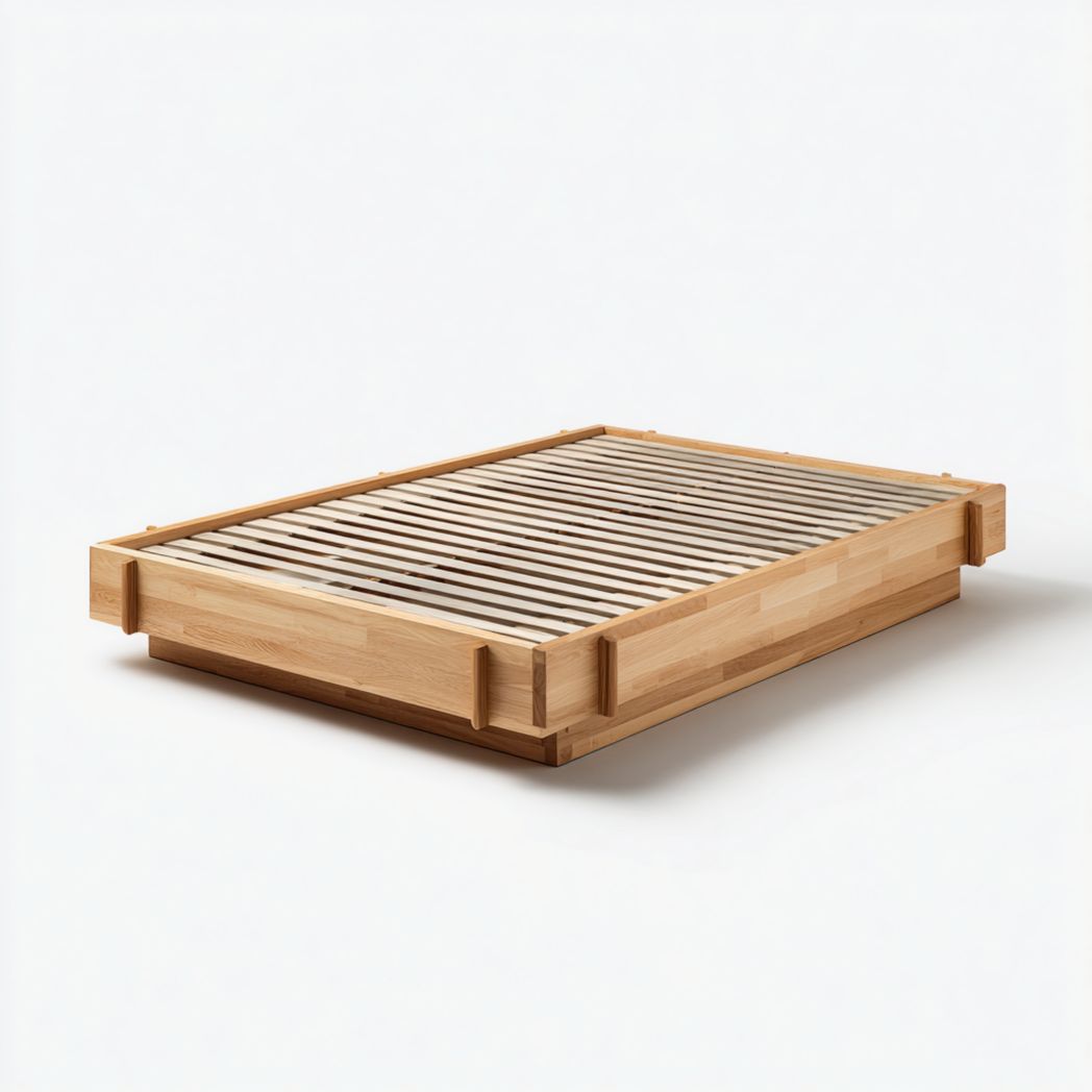 Cadre de lit en bois massif marron clair avec lattes en bois clair