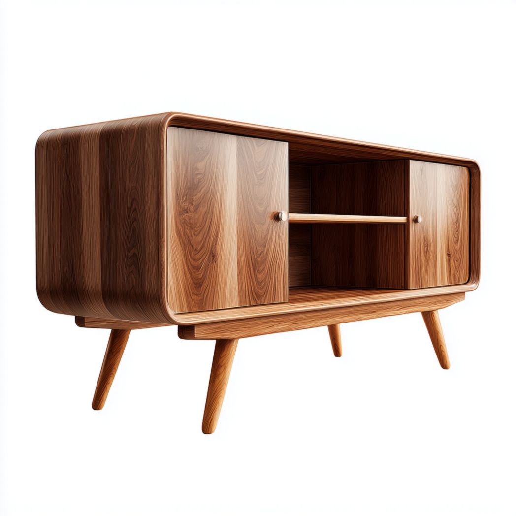 Meuble TV long en noyer, cadre arrondi en bois massif avec portes doubles et poignées rondes en bois