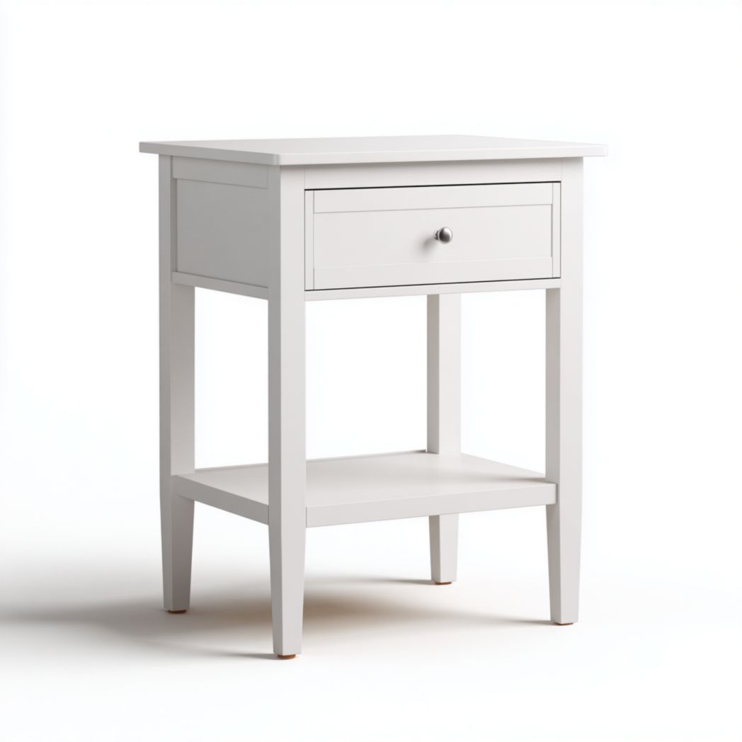 Table de chevet carrée en bois blanc avec tiroir et étagère inférieure ouverte