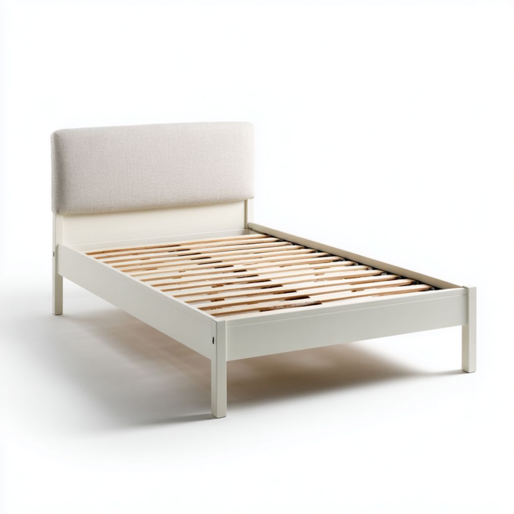 Lit simple en bois massif avec tête de lit en tissu sans matelas