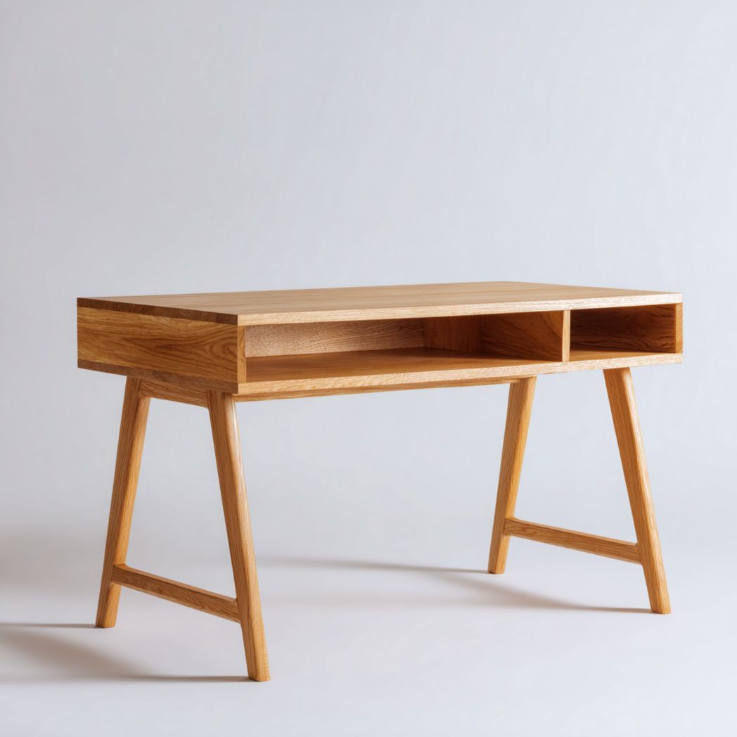 Bureau rectangulaire en bois massif brun clair avec compartiments ouverts