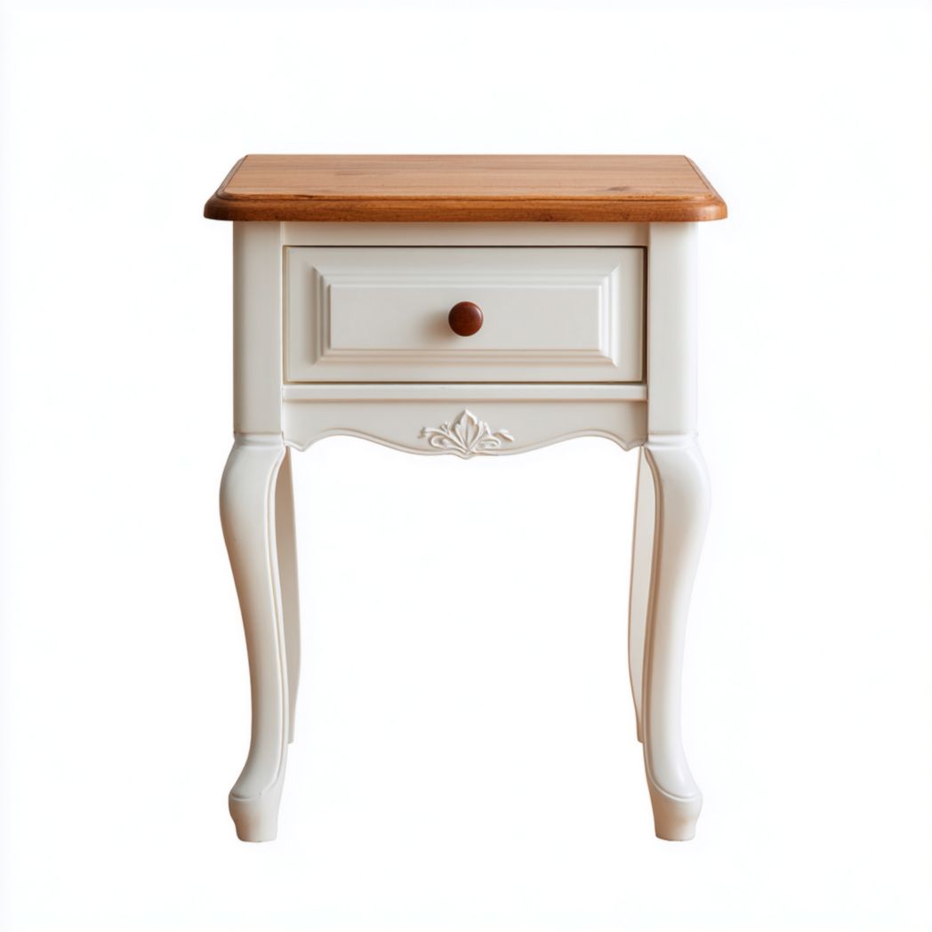 Table de chevet blanche en bois avec dessus brun clair et tiroir sculpté