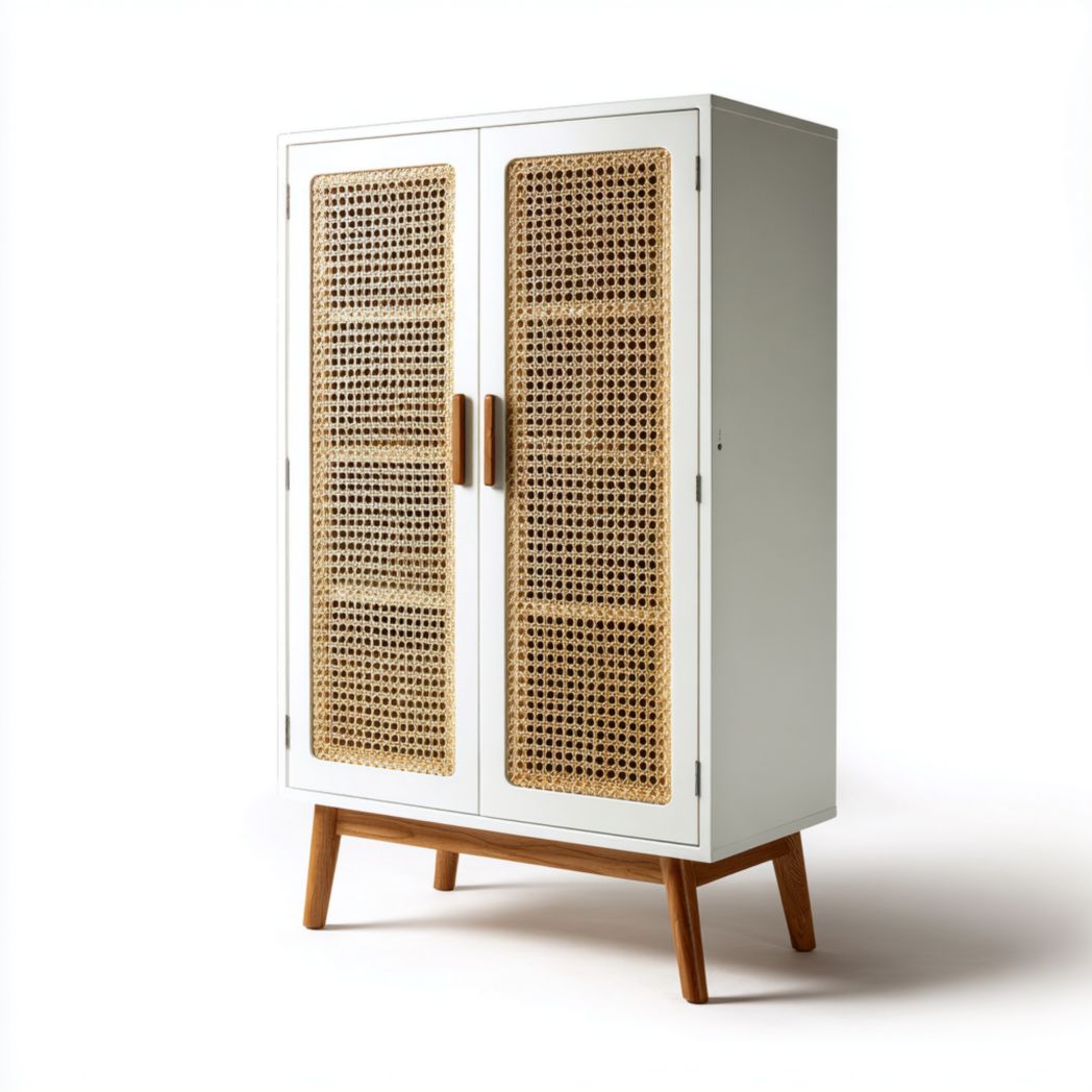 Armoire à deux portes en rotin blanc, panneau en rotin et pieds en bois massif