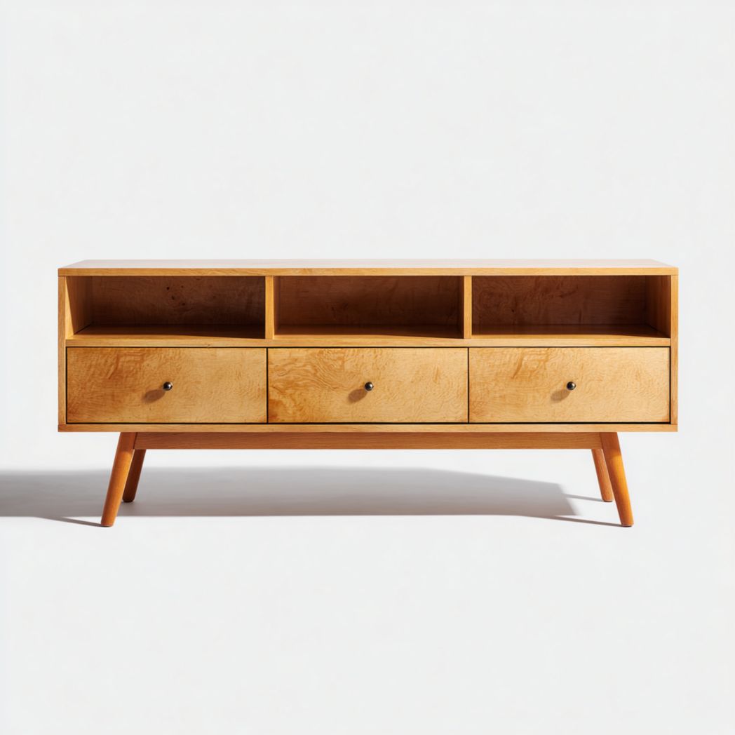 Meuble TV en bois marron clair avec trois tiroirs ouverts, poignées rondes en métal et pieds inclinés en bois massif