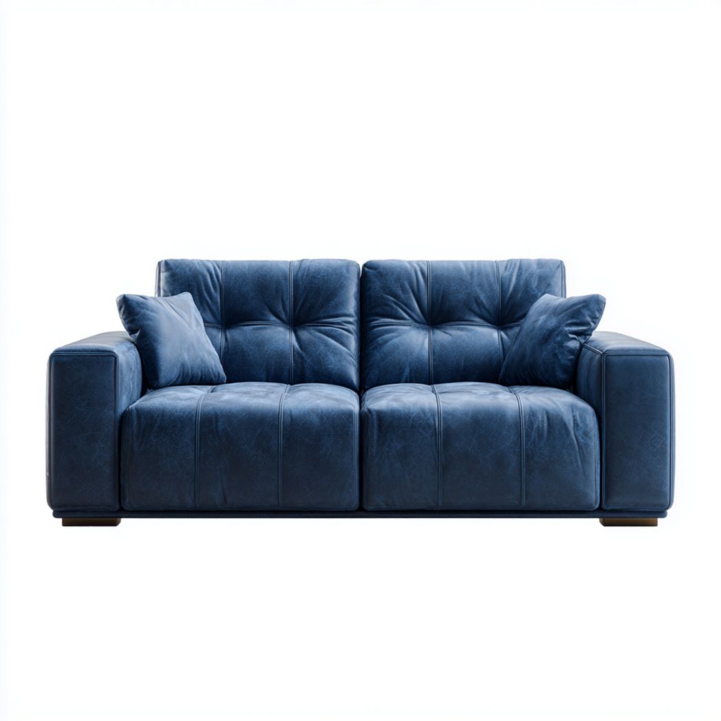 Canapé 2 places en similicuir bleu, dossier matelassé et deux coussins bleus assortis