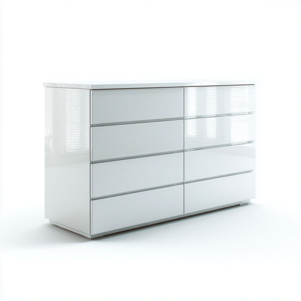 Commode à huit tiroirs en blanc brillant sans poignées au design linéaire