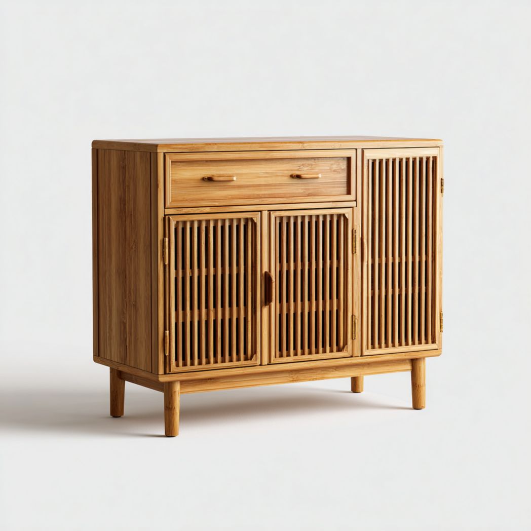 Buffet en bois avec portes à volets et tiroirs, structure droite et support en bois massif