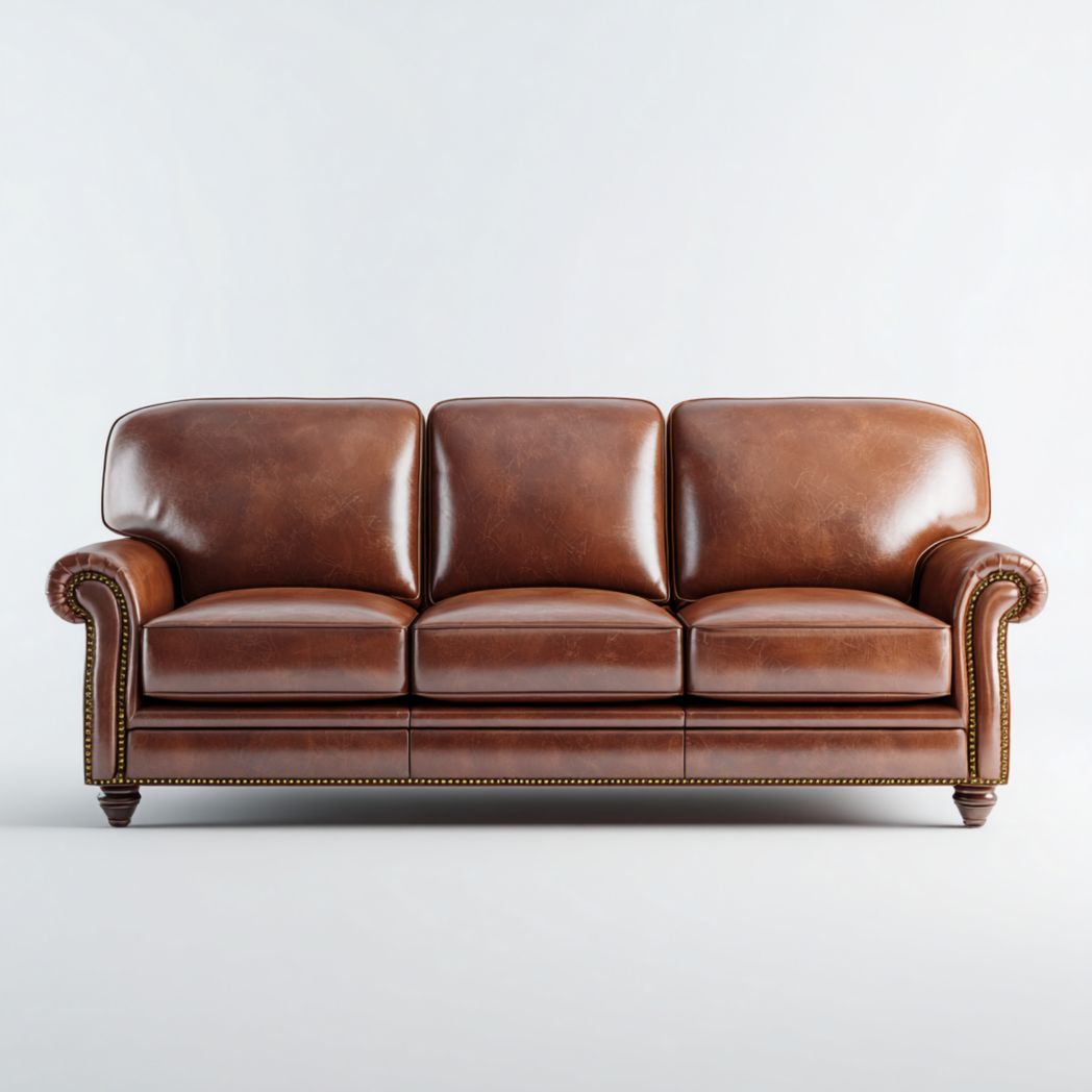 Canapé 3 places en cuir marron avec accoudoirs ronds, clous décoratifs et pieds en bois brun foncé