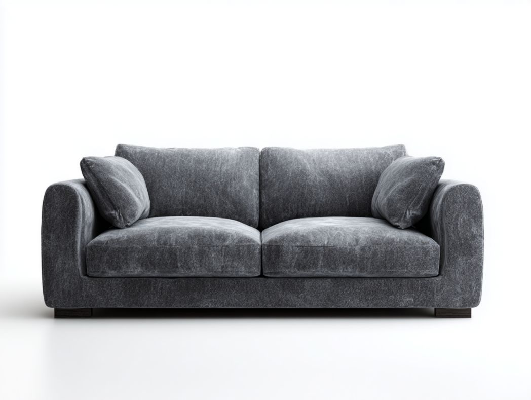 Canapé 2 places en velours gris foncé, base et pieds en bois massif, avec deux coussins gris foncé