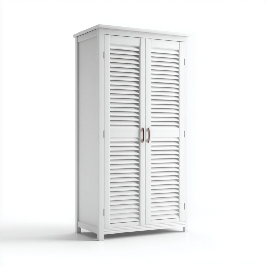 Armoire blanche à deux portes persiennes en bois avec poignées métalliques cuivrées