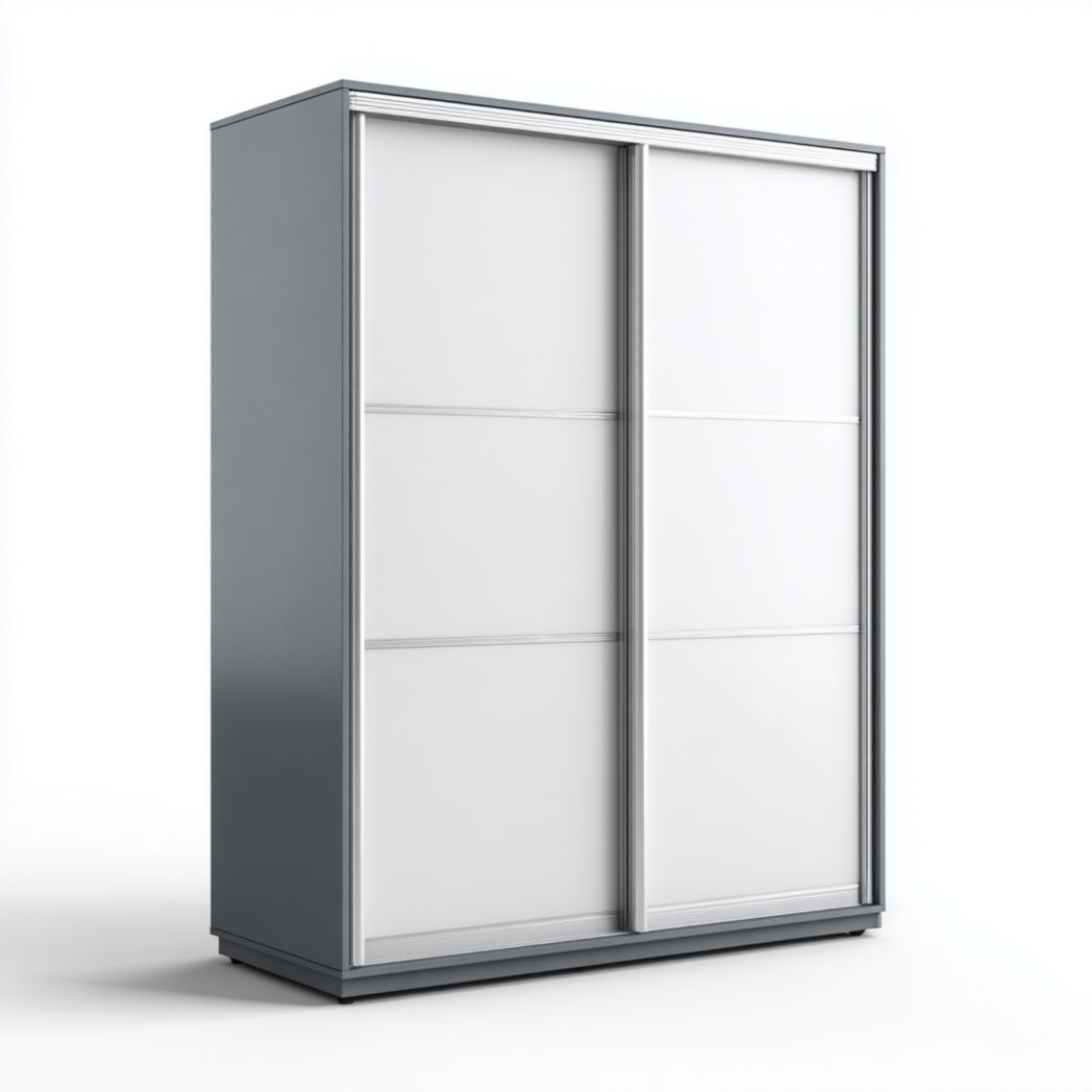 Armoire blanche à deux portes coulissantes avec cadre en aluminium et panneaux mats