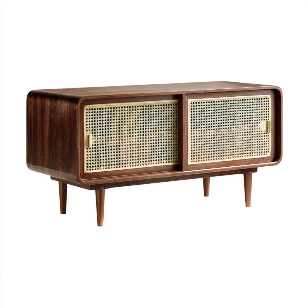 Meuble TV long marron foncé, structure en bois massif avec portes en rotin et poignées en métal doré