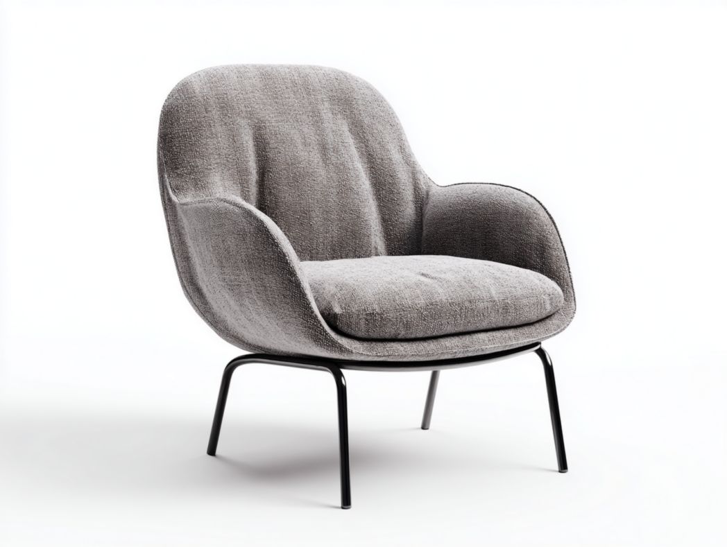 Fauteuil gris clair en tissu avec pieds en métal noir et dossier arrondi monobloc