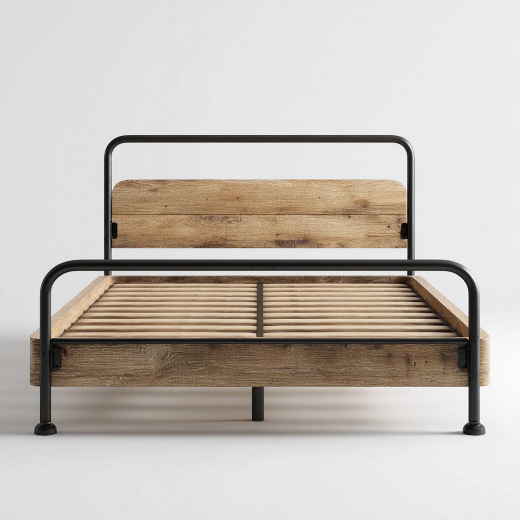 Cadre de lit avec structure noire et panneaux marron avec lattes marron clair