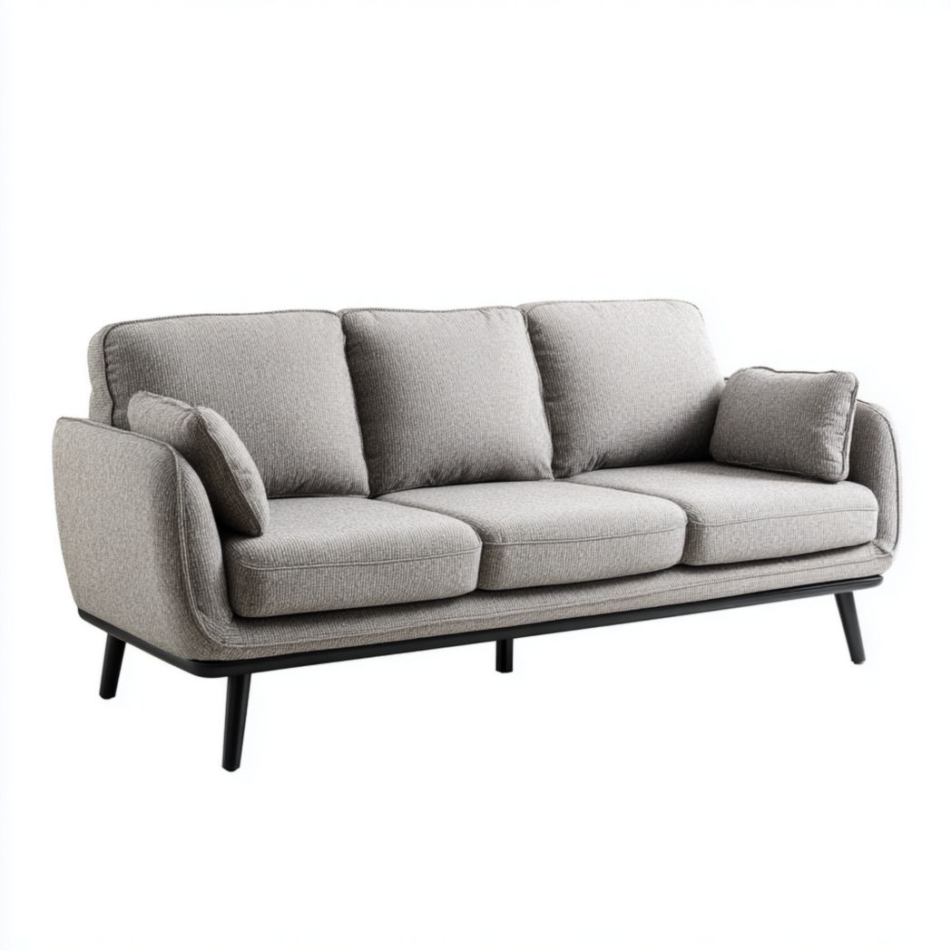 Canapé 3 places en tissu gris clair avec coussins gris clair et base en bois noir