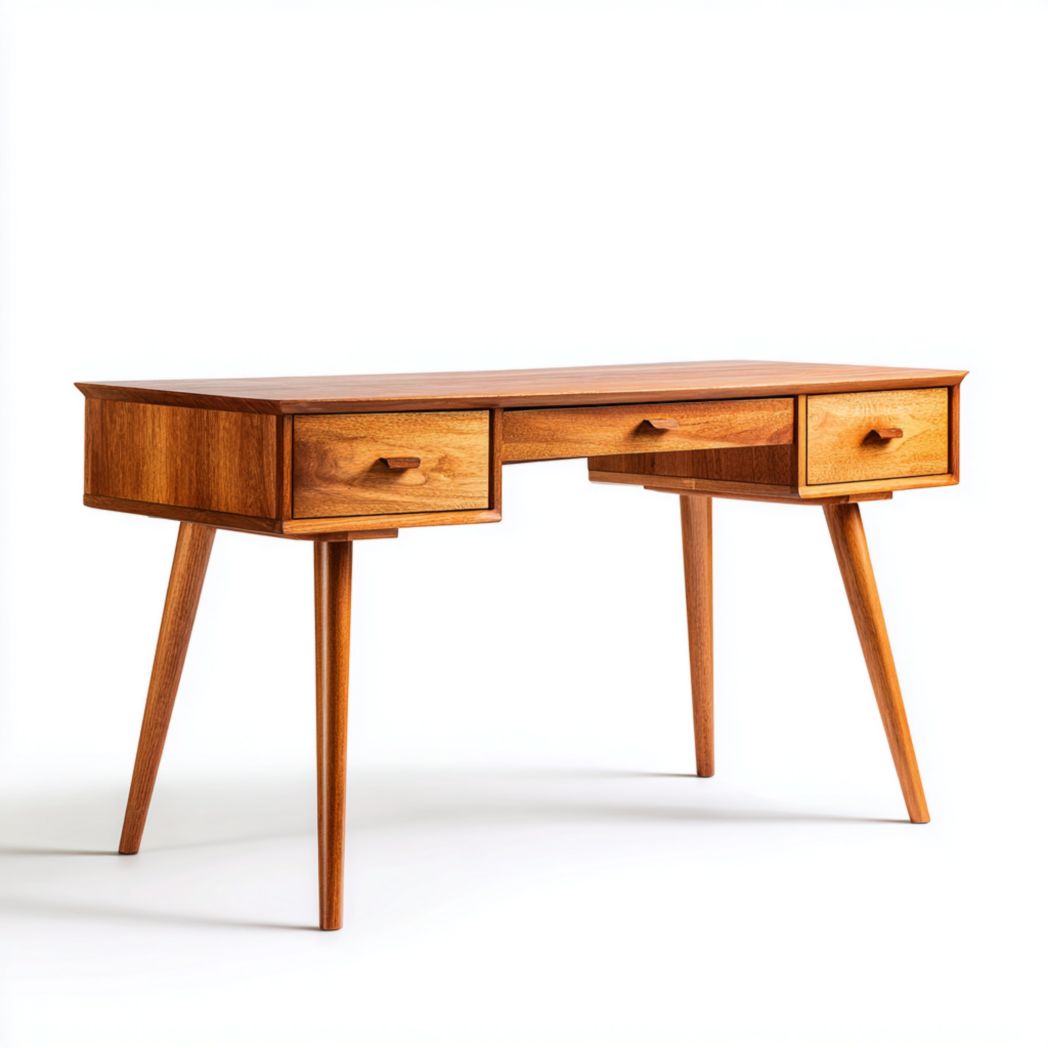 Bureau rectangulaire en bois massif brun foncé à trois tiroirs avec pieds coniques