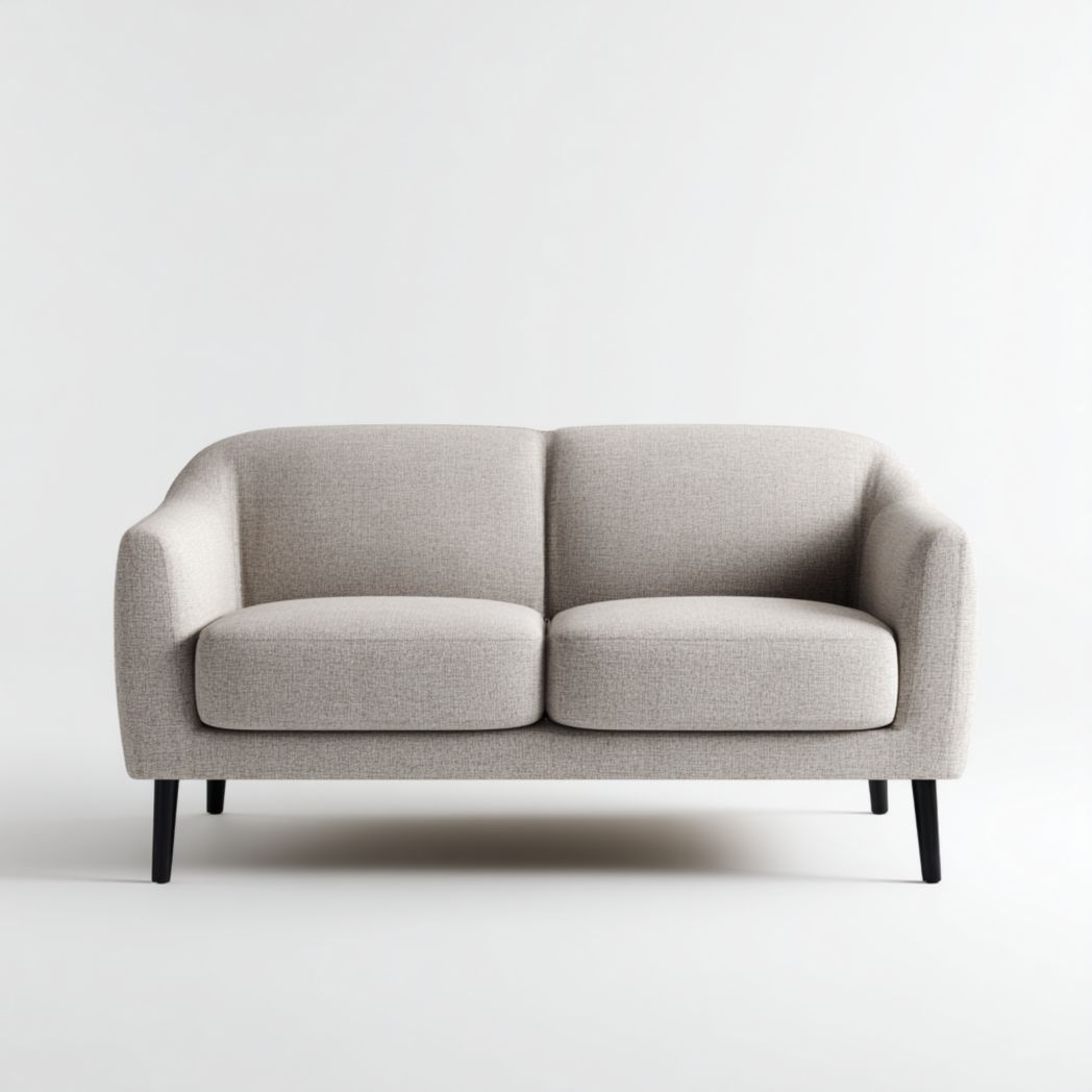 Canapé 2 places en tissu beige clair, dossier arrondi et accoudoirs intégrés