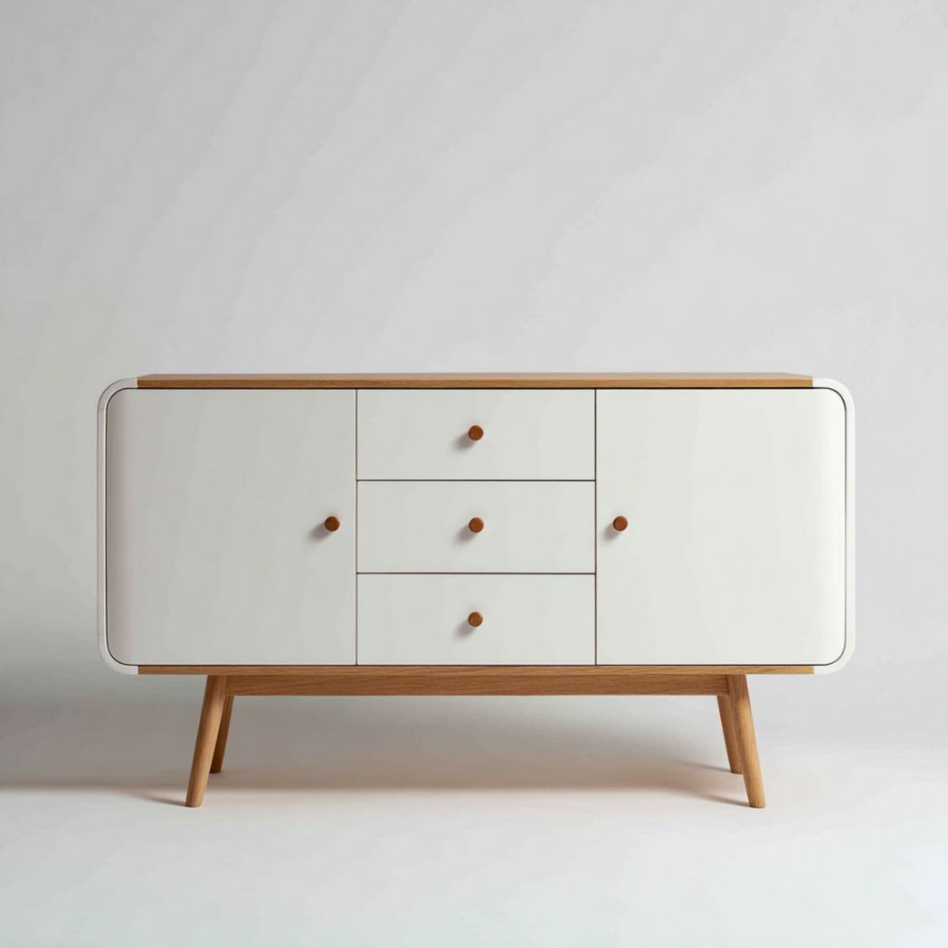 Buffet assorti de couleur blanche et marron, design à coins arrondis, double porte, trois tiroirs, meuble de rangement avec pieds en bois massif