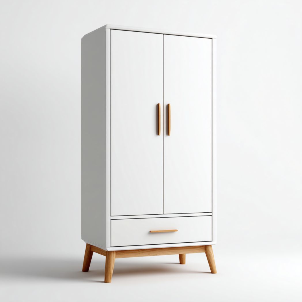 Armoire blanche à deux portes avec tiroirs et pieds en bois